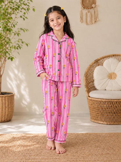 Pink Stripes Floral Print Mom Twinning Cotton Night Suit