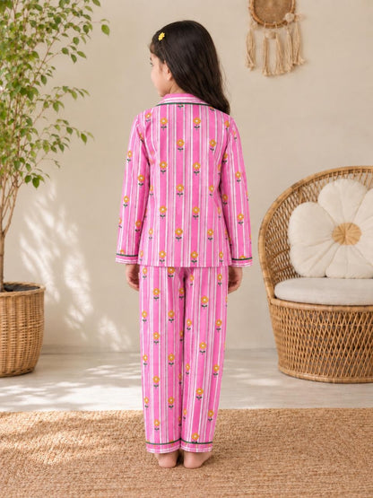 Pink Stripes Floral Print Mom Twinning Cotton Night Suit