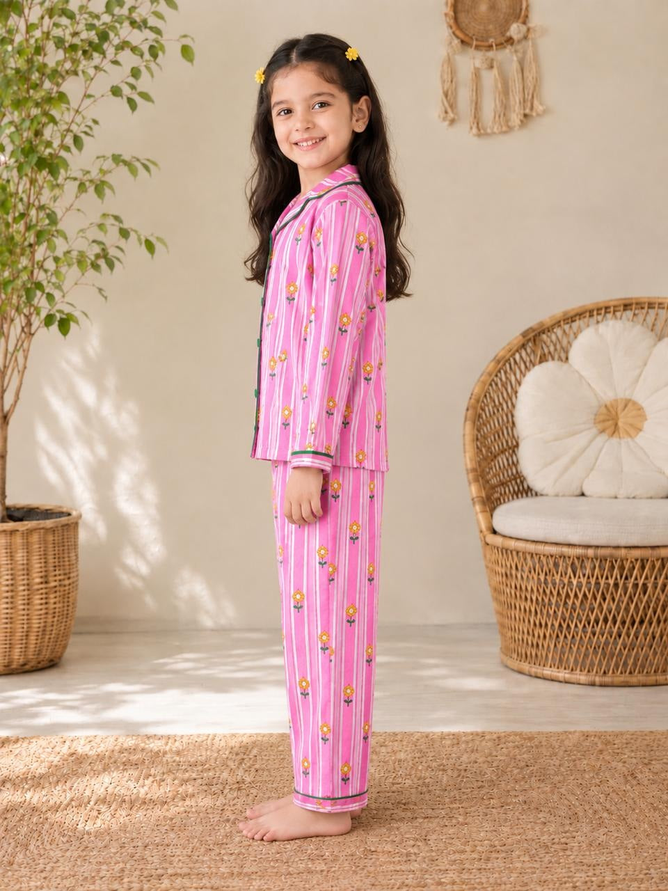Pink Stripes Floral Print Mom Twinning Cotton Night Suit