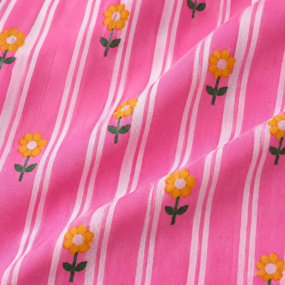 Pink Stripes Floral Print Mom Twinning Cotton Night Suit