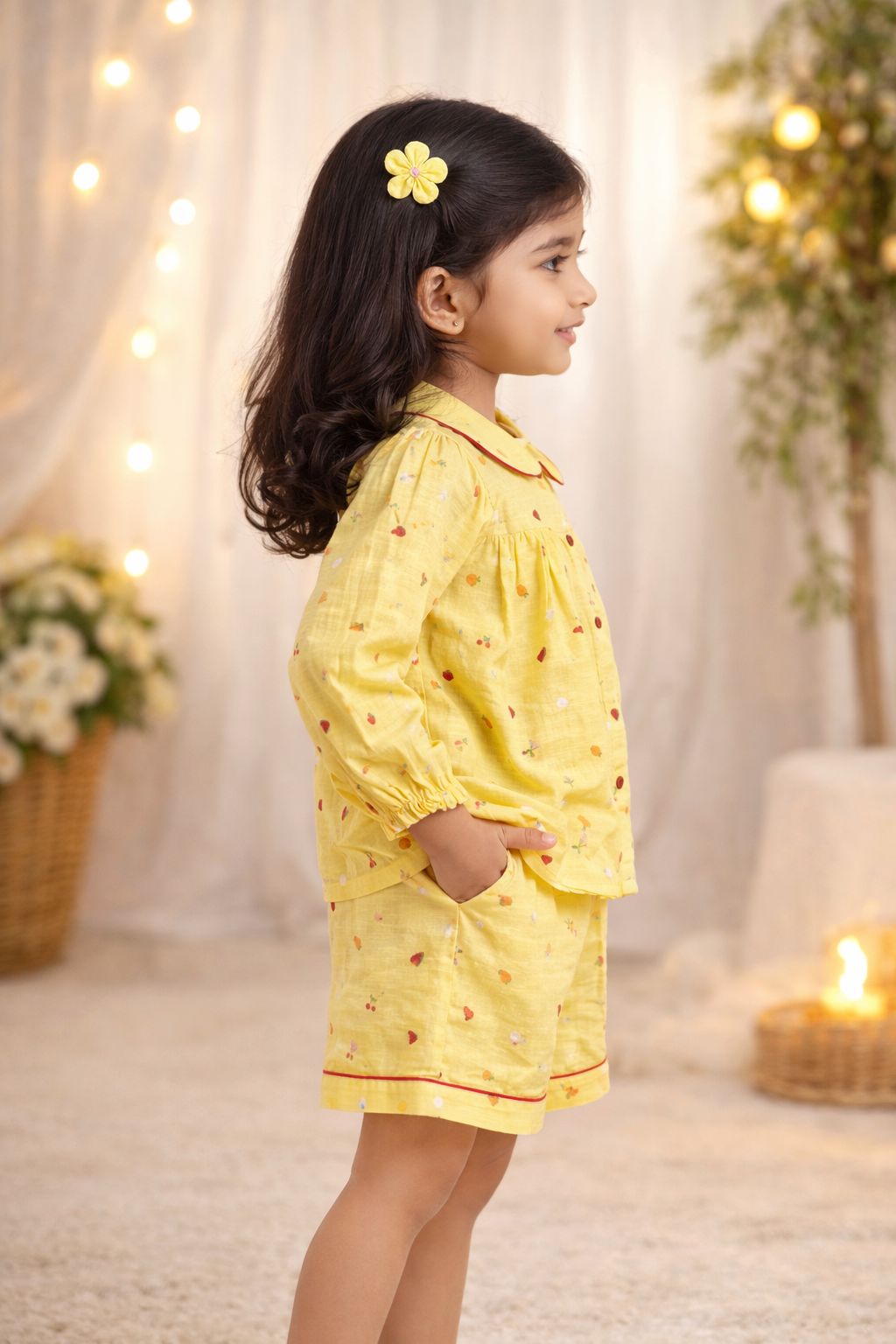 Yellow Full Sleeves Cotton Night Suit with shorts