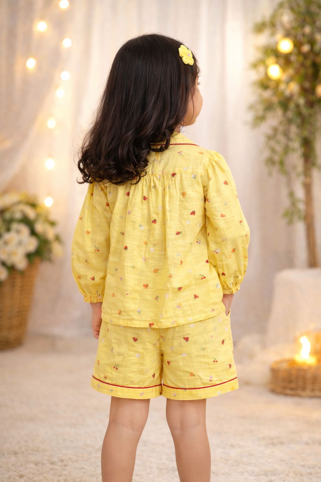Yellow Full Sleeves Cotton Night Suit with shorts