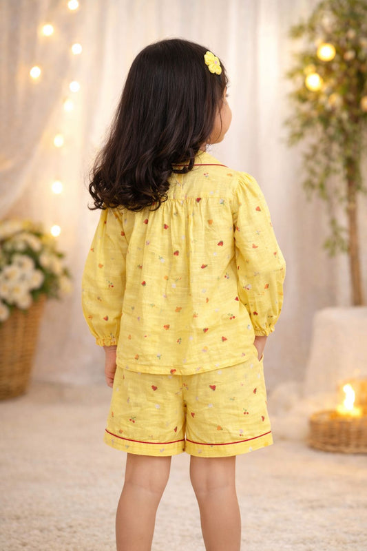 Yellow Full Sleeves Cotton Night Suit with shorts