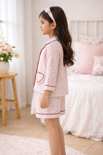Red Heart Print Cotton Night Suit With Shorts