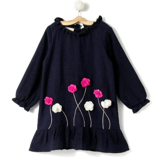 Flowers Applique Dress Navy Blue