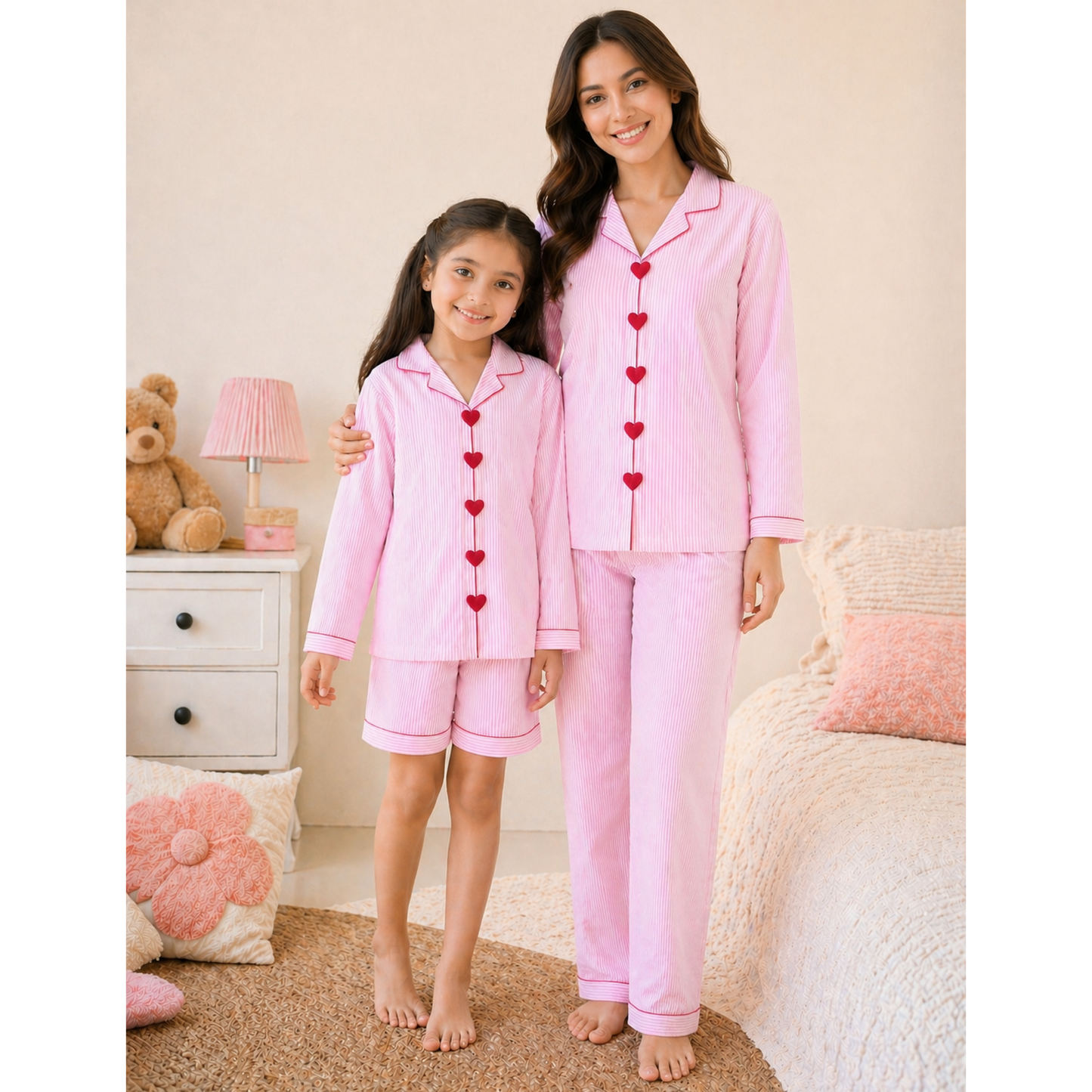 Pink Stripes Mom Twinning Cotton Night Suit