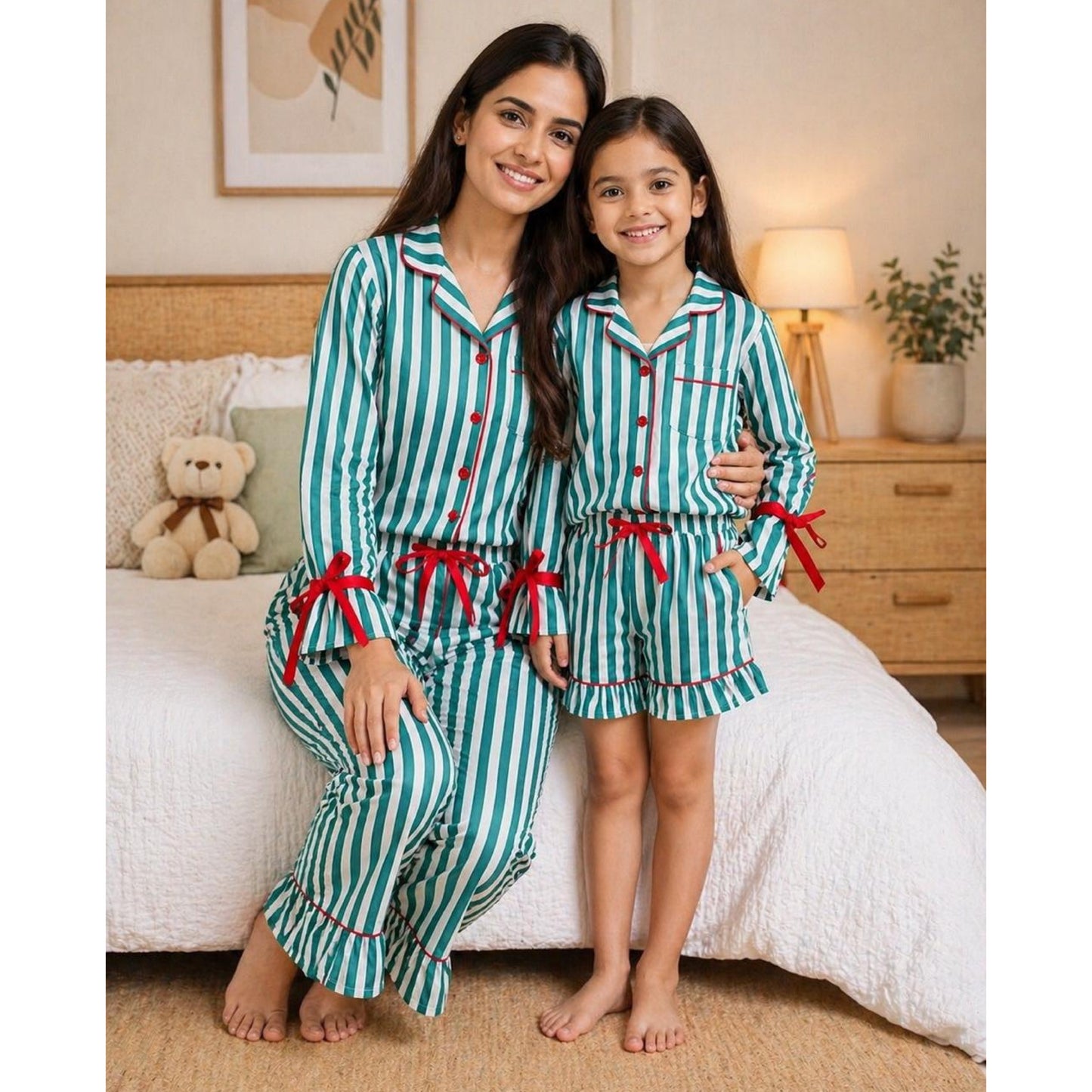 Green Stripes Mom Twinning Cotton Night Suit