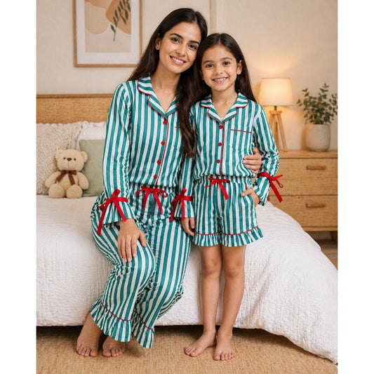 Green Stripes Mom Twinning Cotton Night Suit