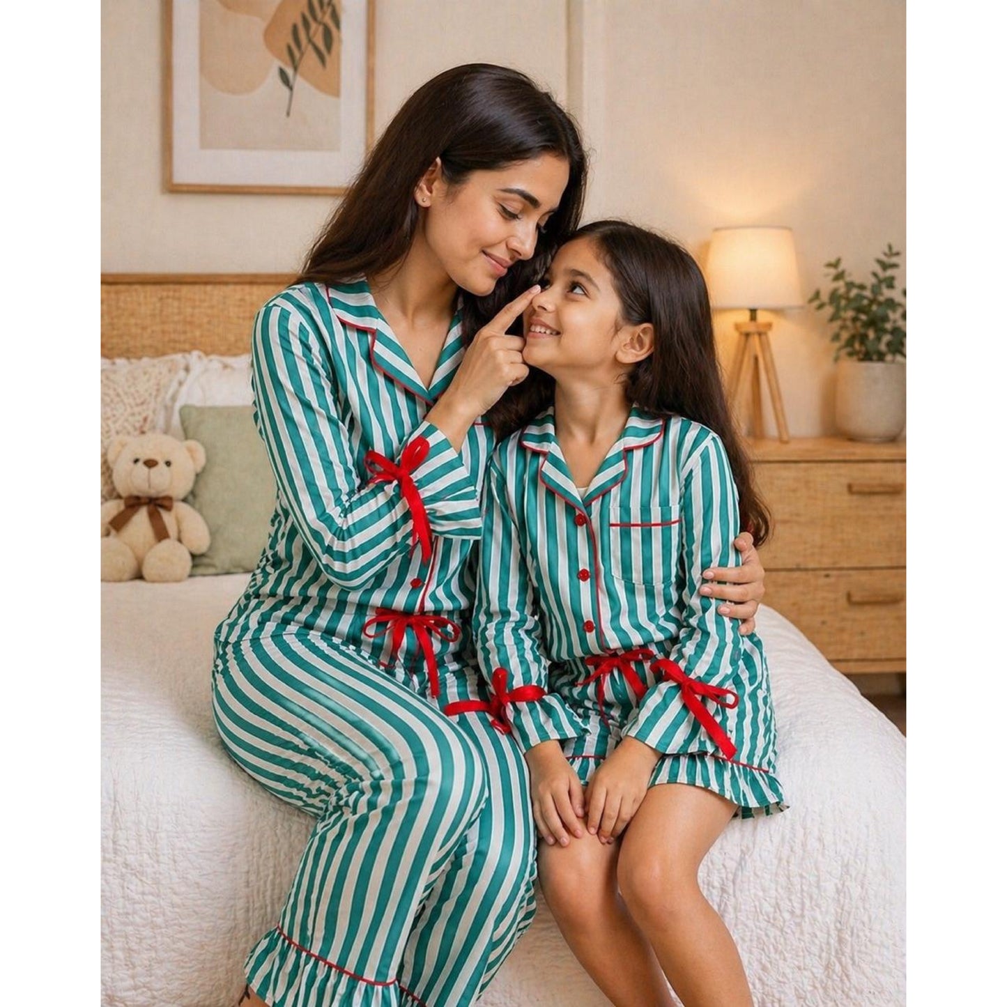 Green Stripes Mom Twinning Cotton Night Suit