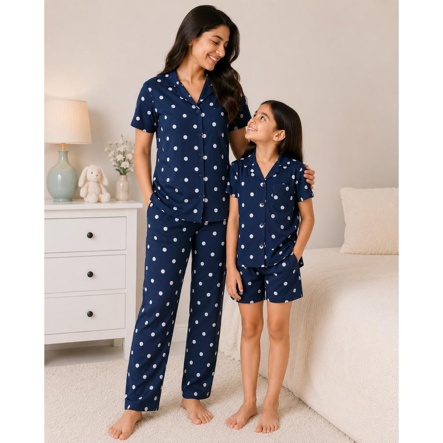 Blue Polka Dot Mom Twinning Cotton Night Suit