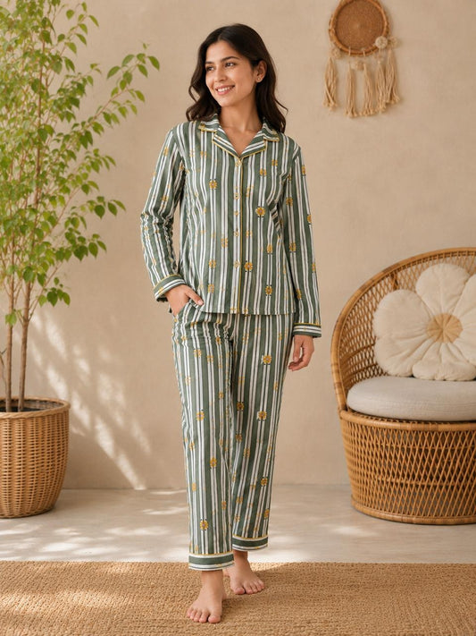 Pink Stripes Floral Mom Twinning Cotton Night Suit