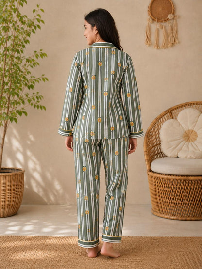 Pink Stripes Floral Mom Twinning Cotton Night Suit