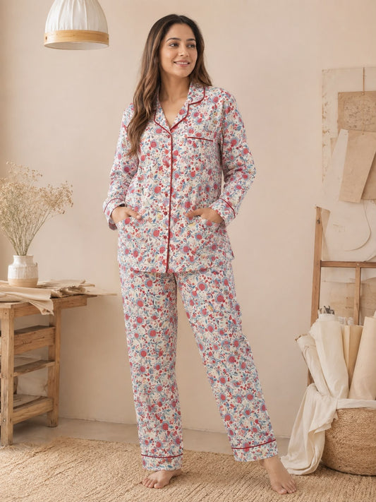 White Printed Cotton Night Suit