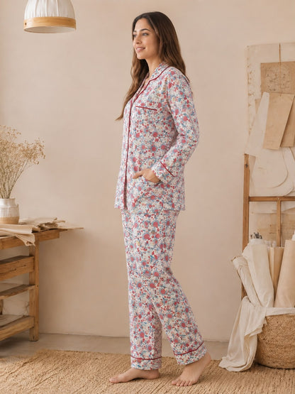 White Printed Cotton Night Suit