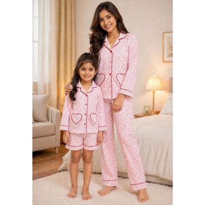 Red Heart Print Cotton Night Suit With Shorts