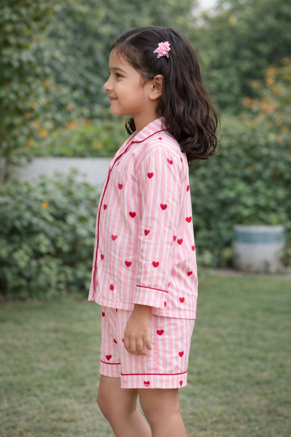 Pink Stripes with Heart Night Suit in Cotton