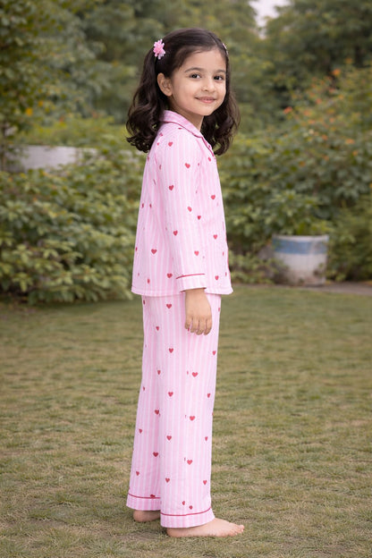 Pink Stripes with Heart Night Suit in Cotton With Pant