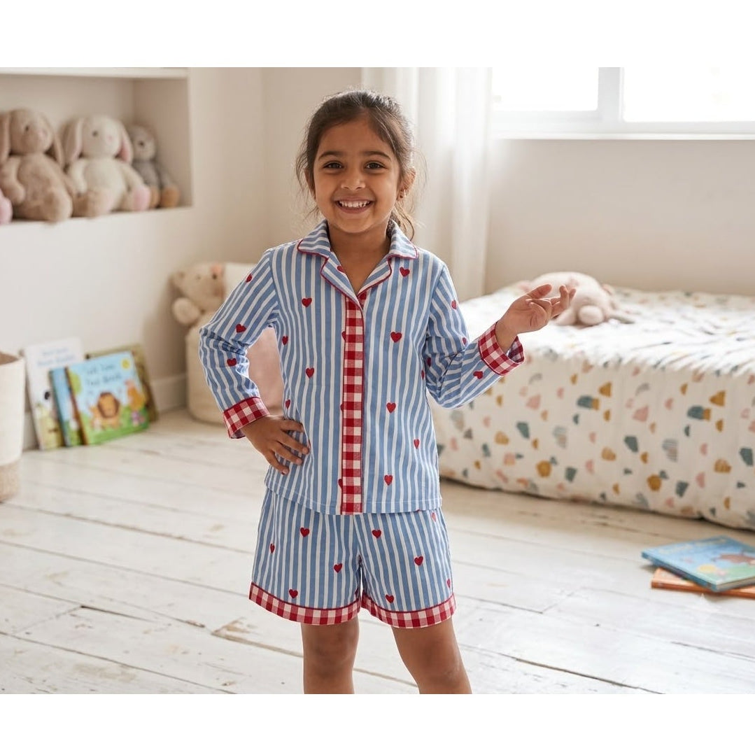 Blue Stripes Heart Print Mom Twinning Cotton Night Suit