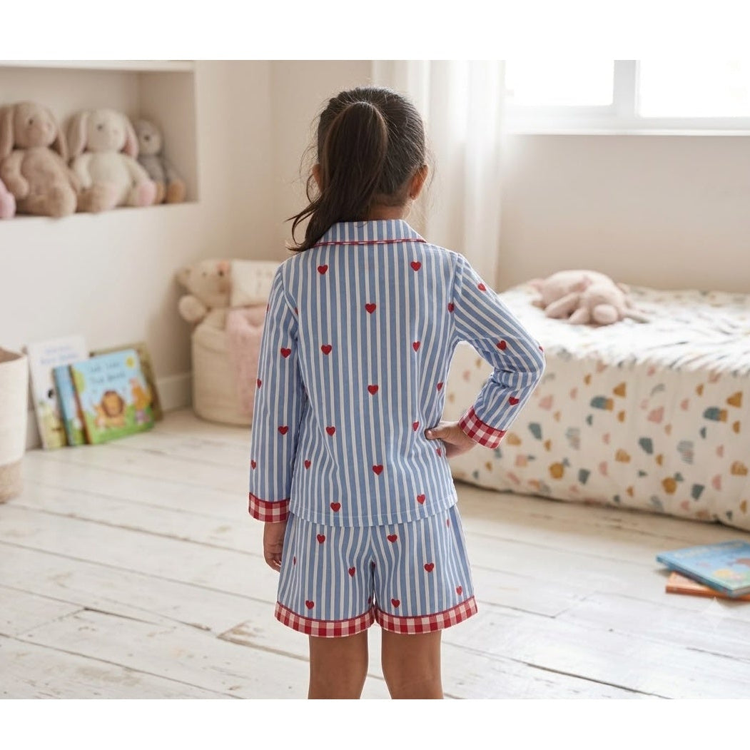 Blue Stripes Heart Print Mom Twinning Cotton Night Suit