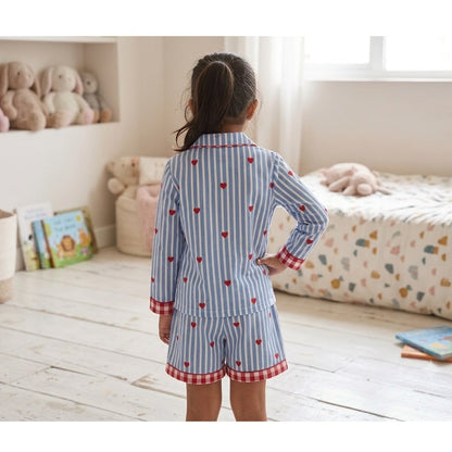 Blue Stripes Heart Print Mom Twinning Cotton Night Suit
