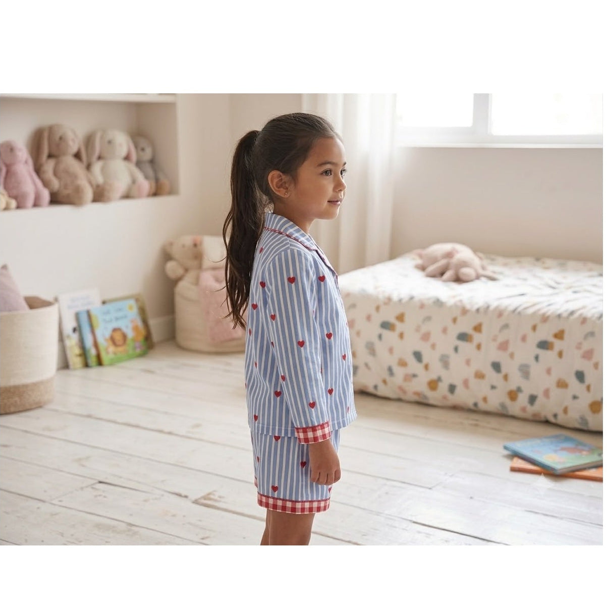 Blue Stripes Heart Print Mom Twinning Cotton Night Suit