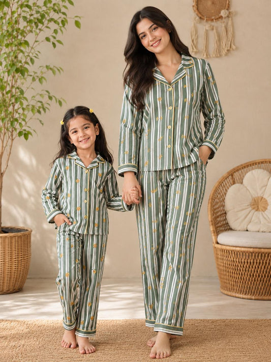 Pink Stripes Floral Mom Twinning Cotton Night Suit
