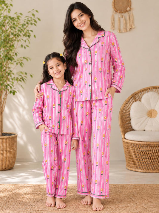 Pink Stripes Floral Print Mom Twinning Cotton Night Suit