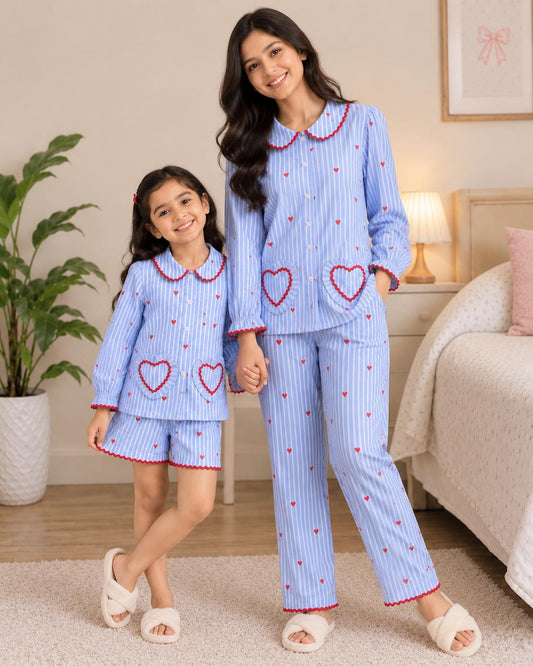Blue Heart Print Mom Twinning Cotton Night Suit