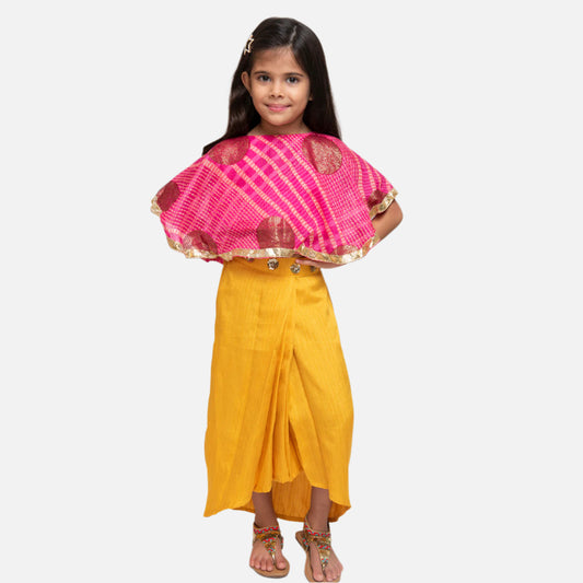 Cape Top with Dhoti Skirt-Pink and Yellow Set