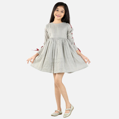 Gray Full Sleeve Stripes Print Party Dress