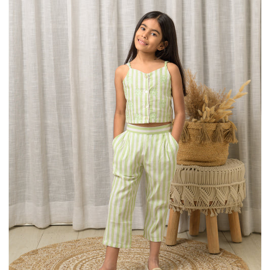 Green Strips Embroidery Crop Top With Pant