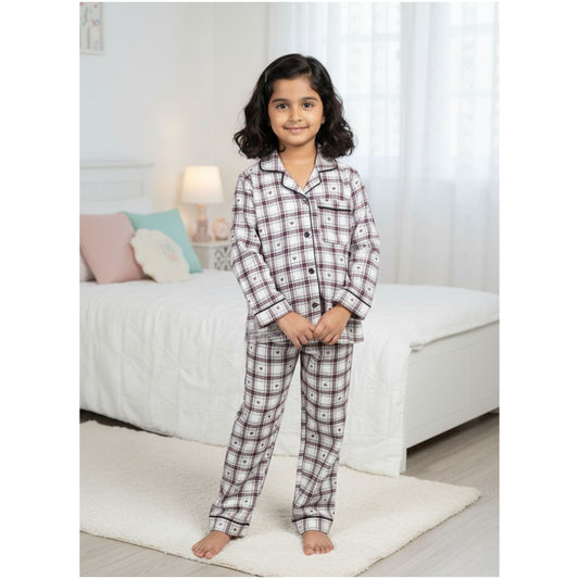 Fairies Forever Maroon Heart Print Checks Night Suit With Pant-White