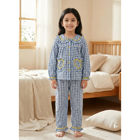 Fairies Forever Blue Checks Cotton Night Suit With Pants-Blue