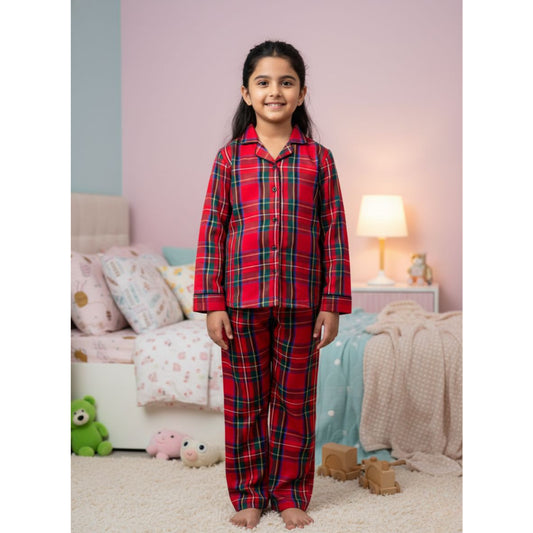 Fairies Forever Red Checks Cotton Night Suit With Pants-Red