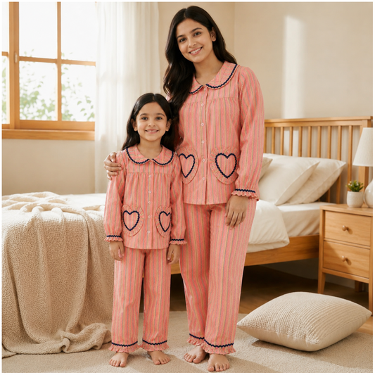 Peach sripes Full sleeves Mom Twinning Cotton Nigh Suit