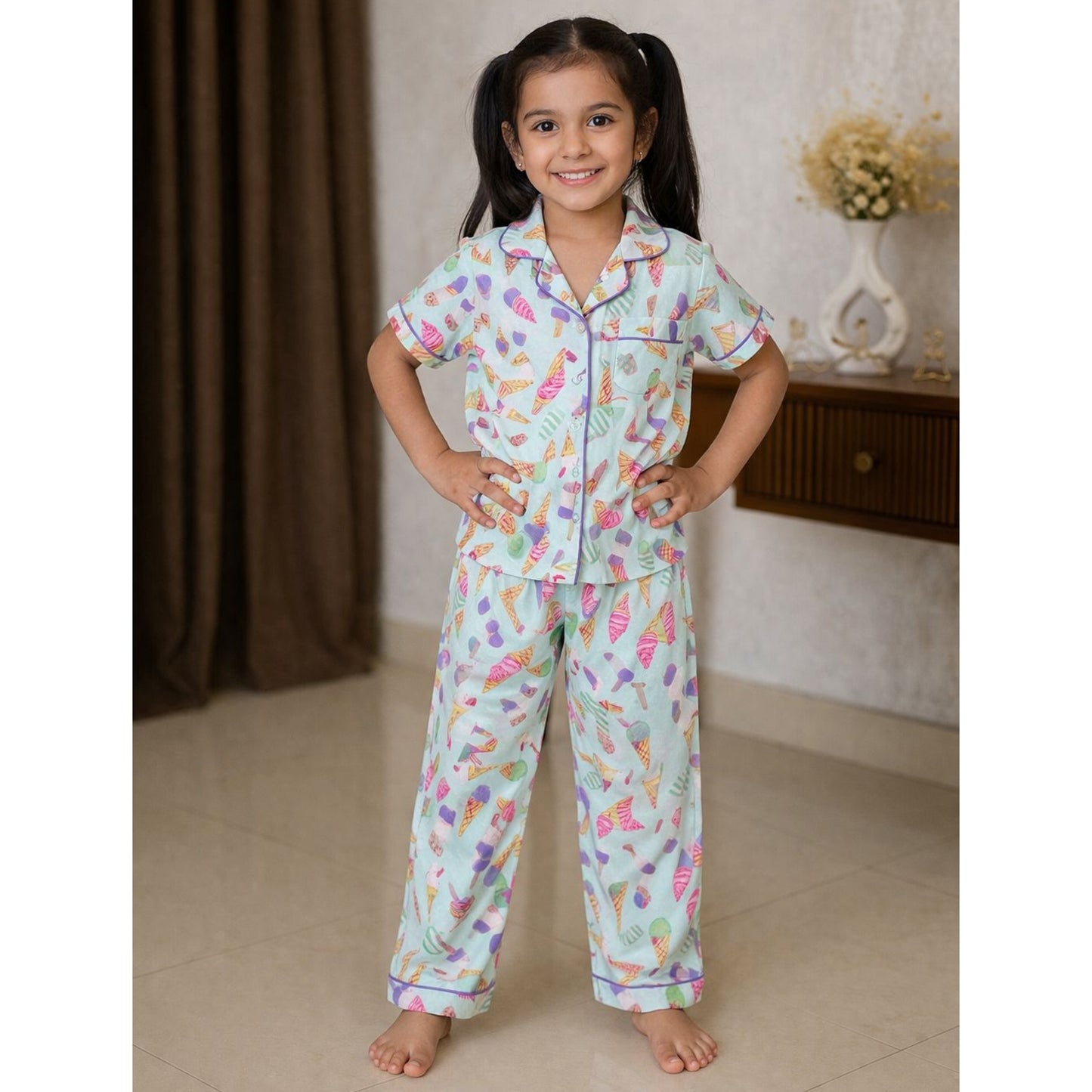 Mint Green Ice-cream Cotton Night Suit With Pant