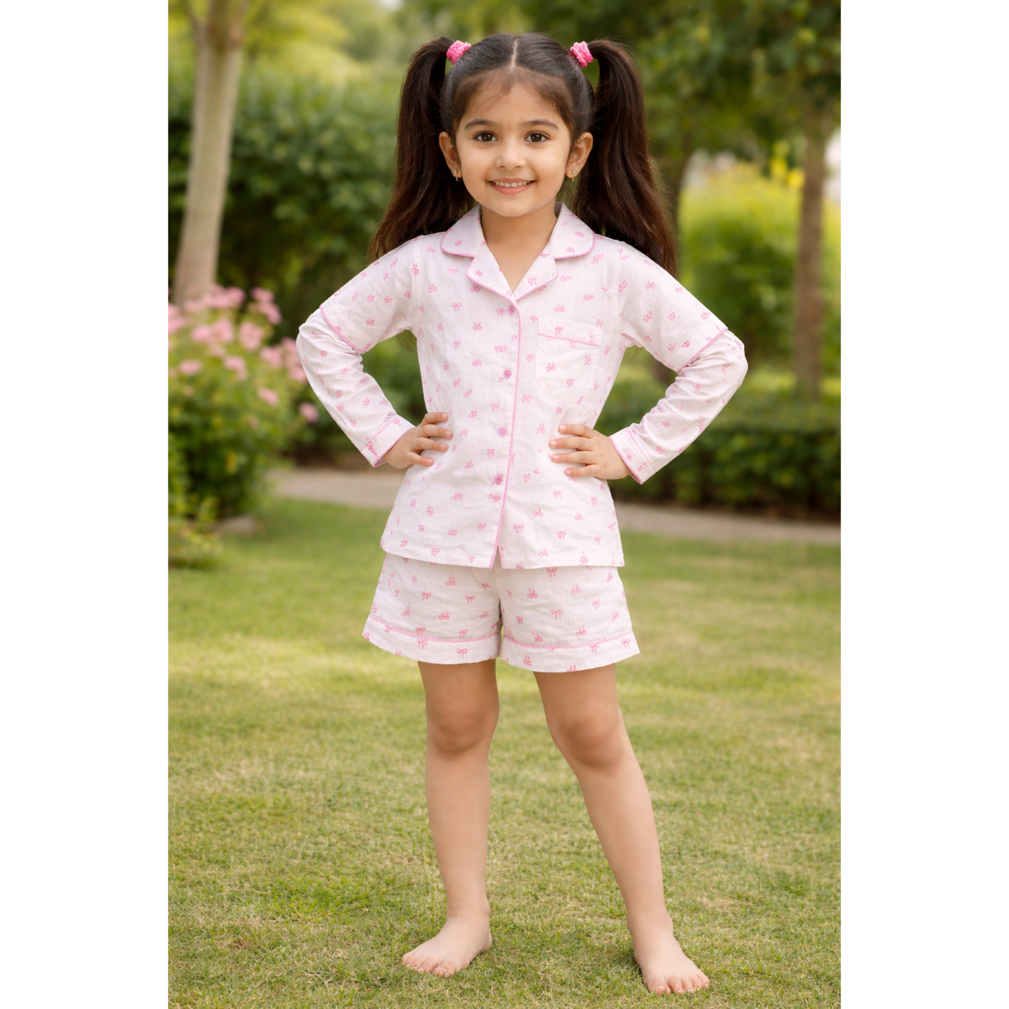 Double Cloth cotton Bow Print Night Suit