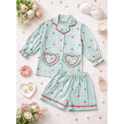 Green stripes heart print Mom Twinning Cotton Night Suit