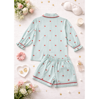 Green stripes heart print Mom Twinning Cotton Night Suit