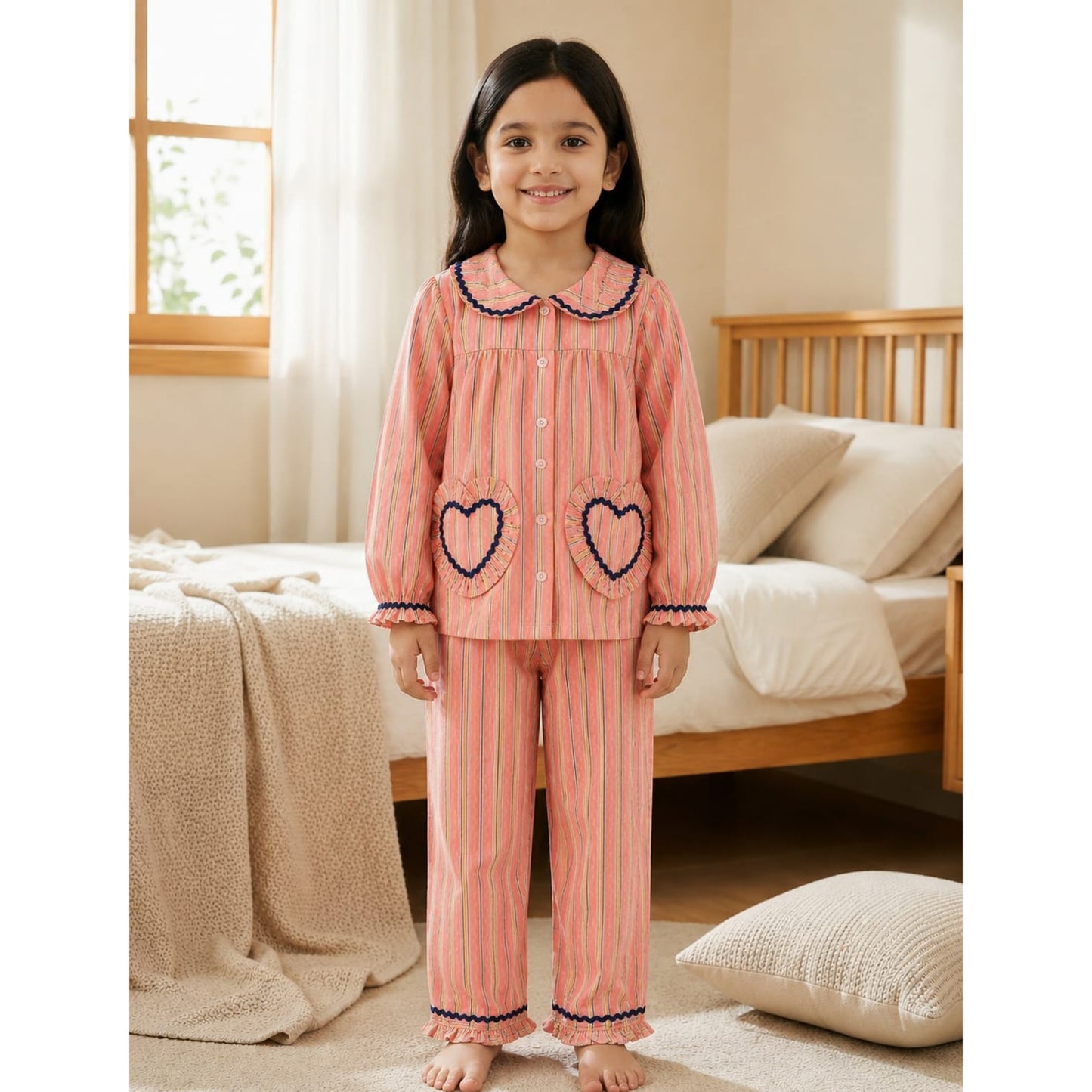 Peach sripes Full sleeves Mom Twinning Cotton Nigh Suit