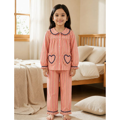 Peach sripes Full sleeves Mom Twinning Cotton Nigh Suit