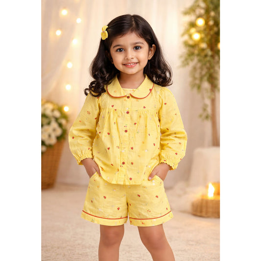 Yellow Full Sleeves Cotton Night Suit with shorts