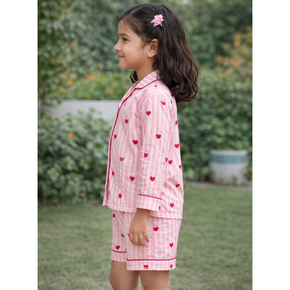 Pink Stripes Heart Print Mom Twinning Cotton Night Suit