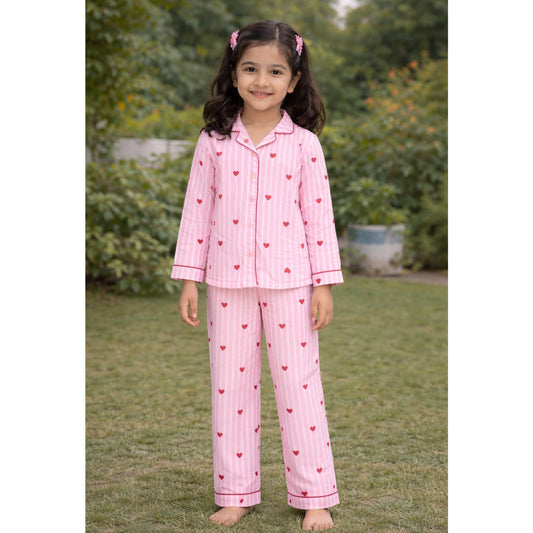 Pink Stripes with Heart Night Suit in Cotton With Pant