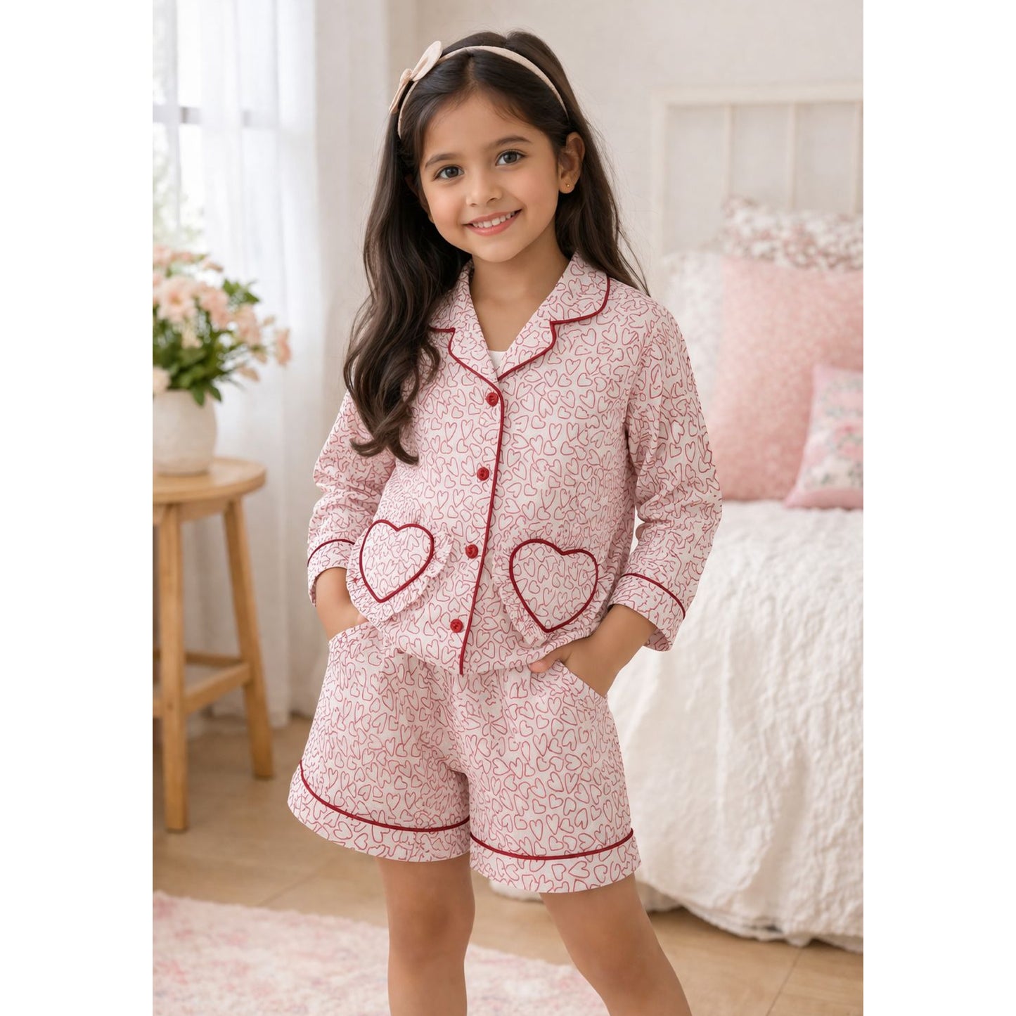Red Heart Print Cotton Night Suit With Shorts