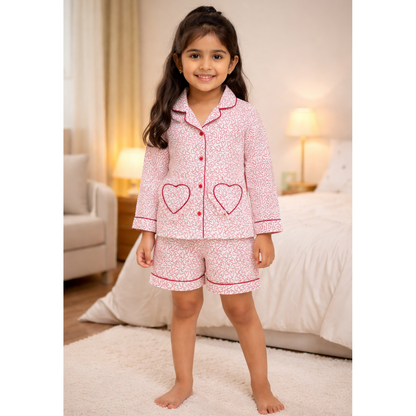 Red Heart Print Cotton Night Suit With Shorts