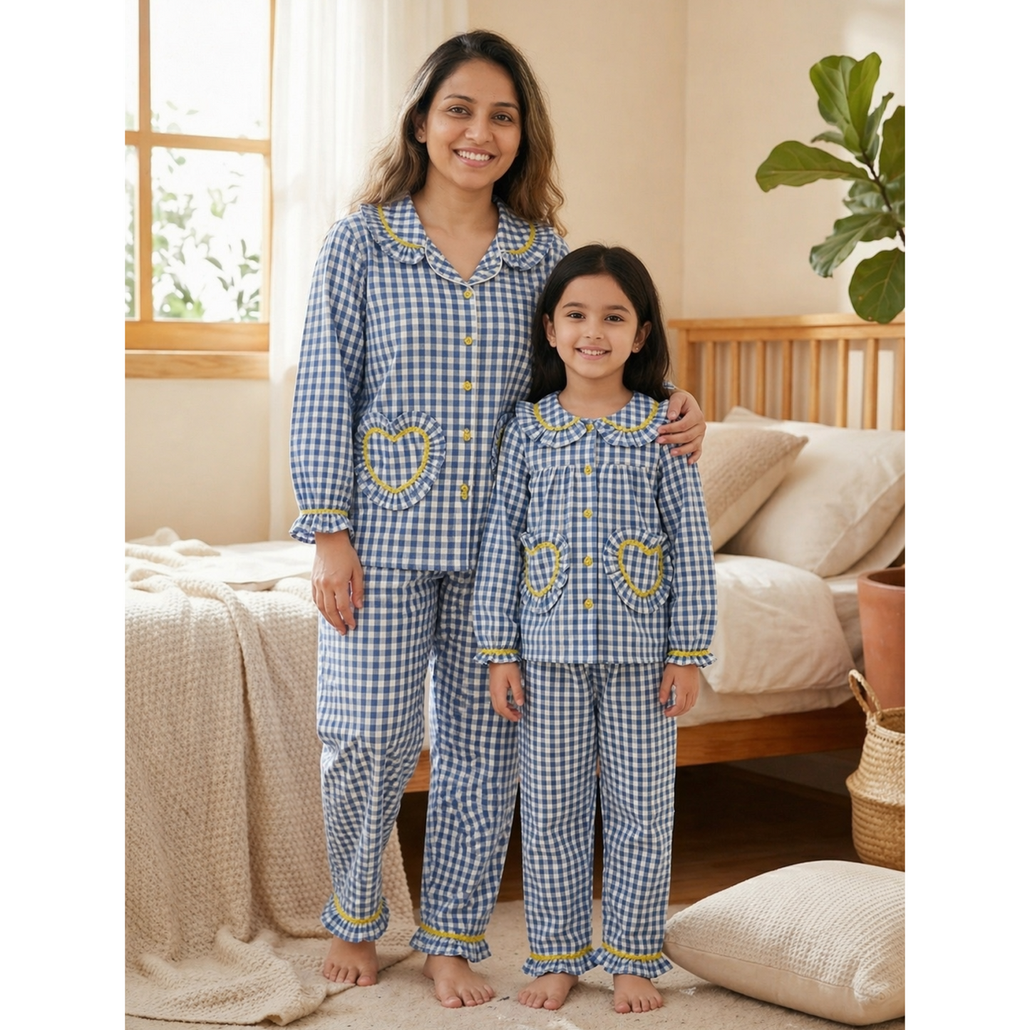 Blue Checks Mom Twinning Night Suit With Pants