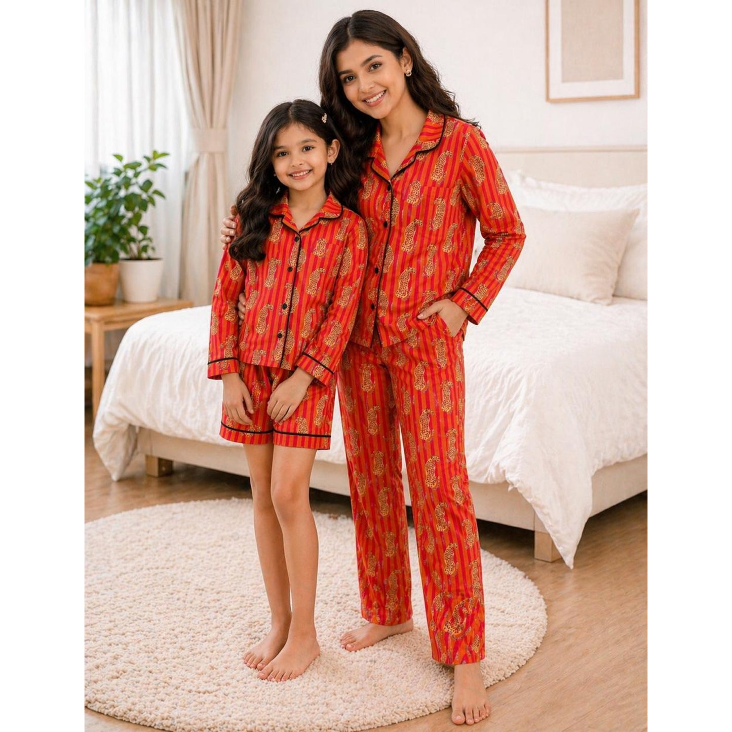 Orange Leopard Print Mom Twinning Cotton Night Suit
