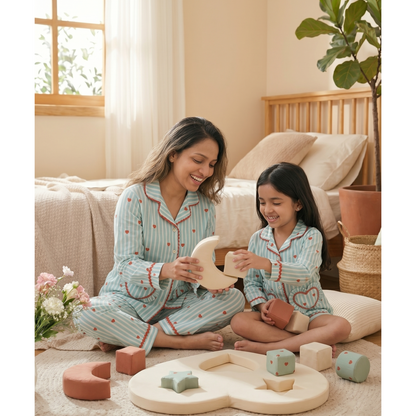 Green stripes heart print Mom Twinning Cotton Night Suit