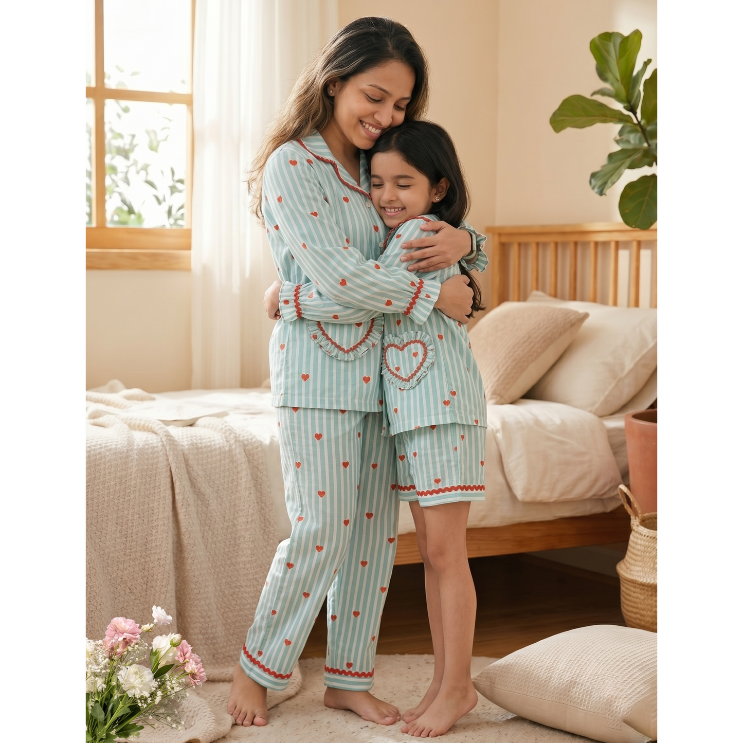Green stripes heart print Mom Twinning Cotton Night Suit
